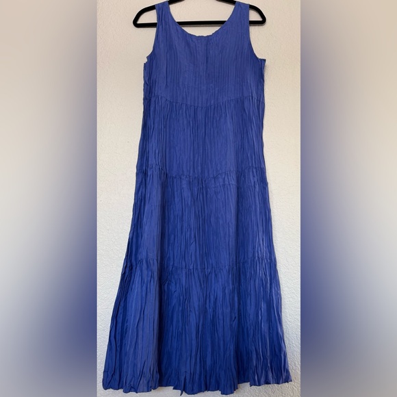 Eileen Fisher Blue Crushed Silk Sleeveless Tiered Dress Size XS - Picture 4 of 10